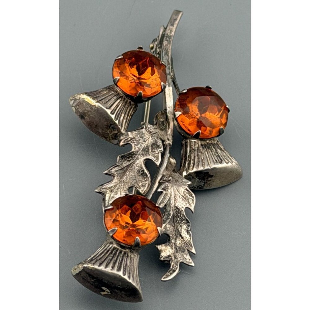 Vintage Thistle Brooch Sterling Silver Ward Bros Large Amber Color Glass Stone P